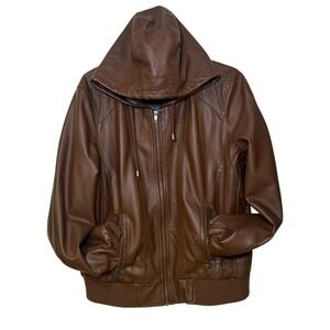 Warehouse One Faux Leather Brown Hooded‎ Bomber Jacket Moto XL/XXL Plus Size